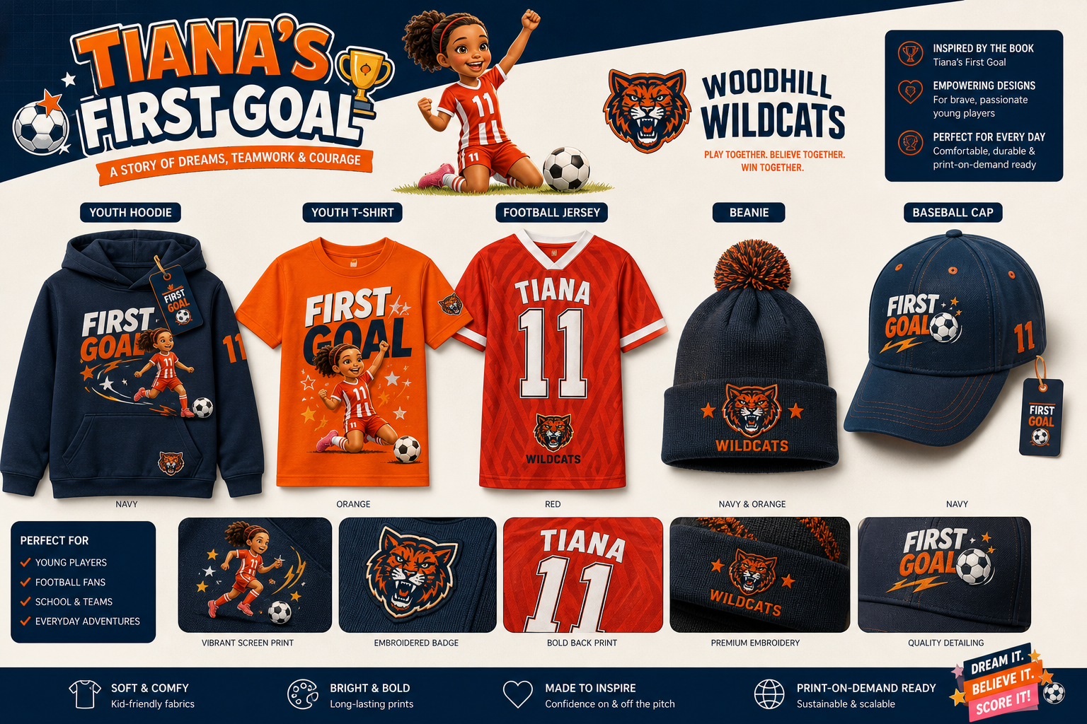 Tiana's First Goal Apparel Collection - Hoodies, Jerseys, Caps